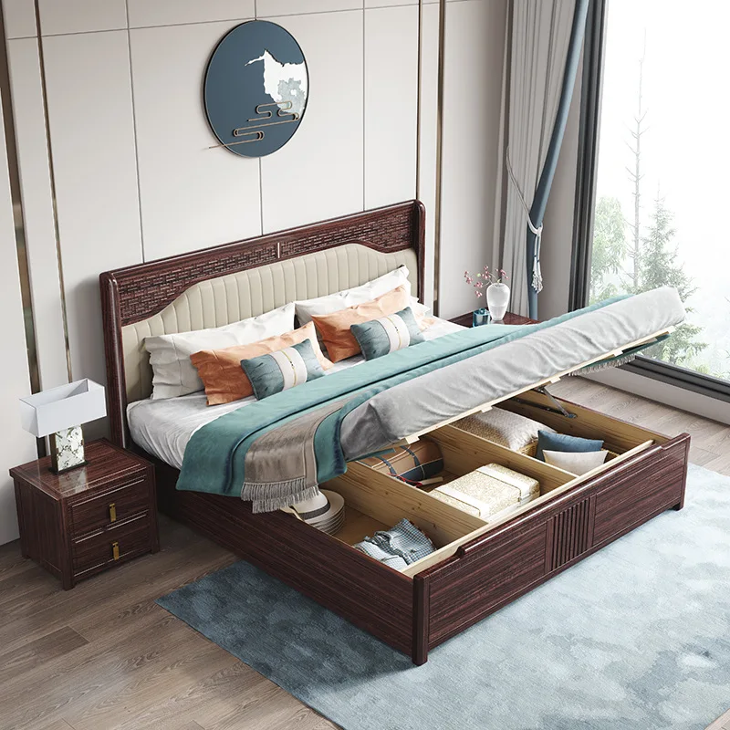 Wujinmu New Chinese Solid Wood Double Bed Small Unit Master Bedroom Storage Wooden Bed Classical Bedroom Furniture WJ1510