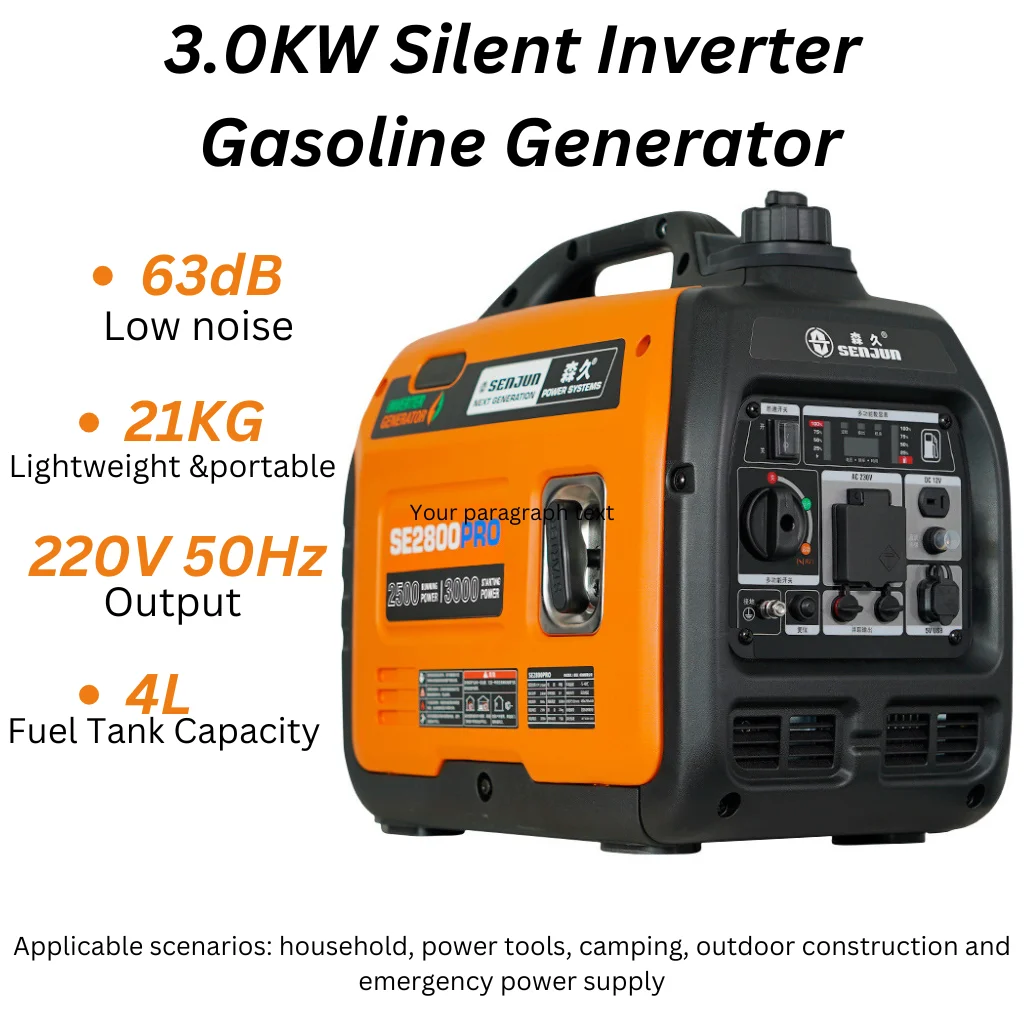 

3.0KW Silent Inverter Gasoline Generator - 220V 50Hz, 21KG, 63dB, for Home, Camping, Outdoor & Emergency Power