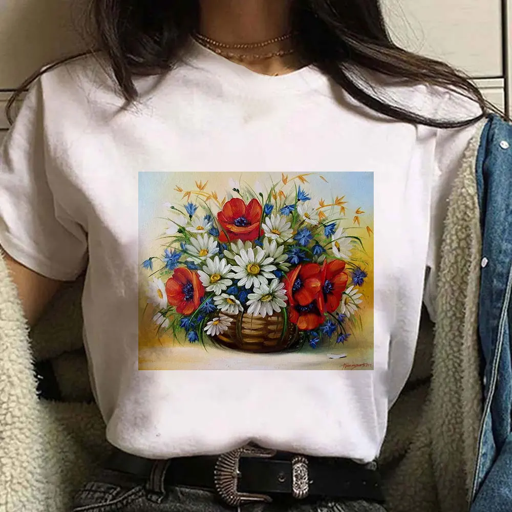 

Western Painting T-Shirt 3D Colorful Flower Printed Tees Breathable Women's Short Sleeves Trendy Harajuku Pullovers For Ladies