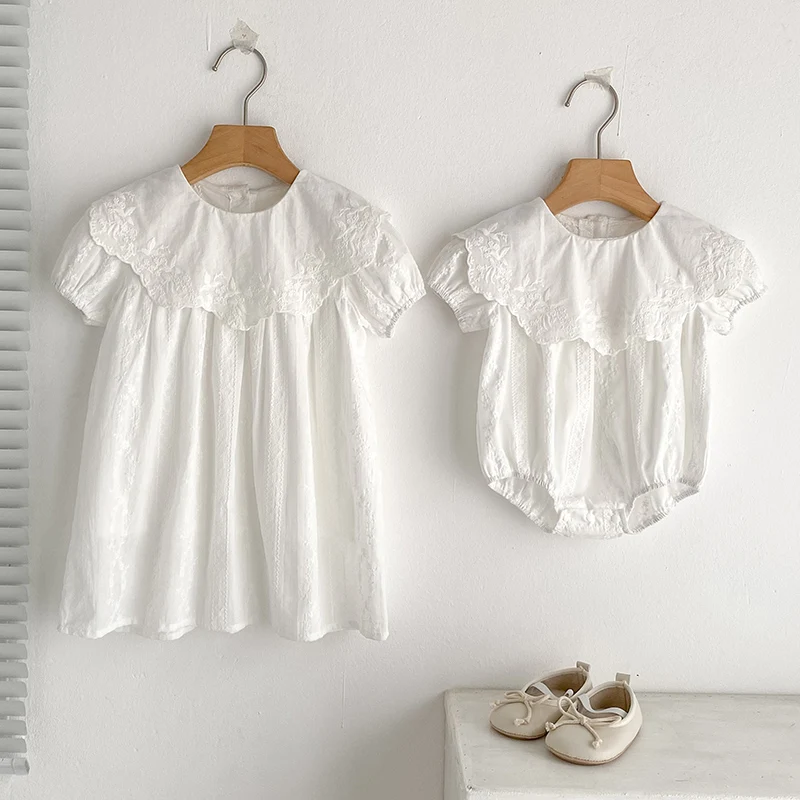 Summer Sisters Dress Baby Bodysuit Flower Embroidery Dress Infant Girls Baby Rompers Toddler Outfit Family Sister Dress Outfits