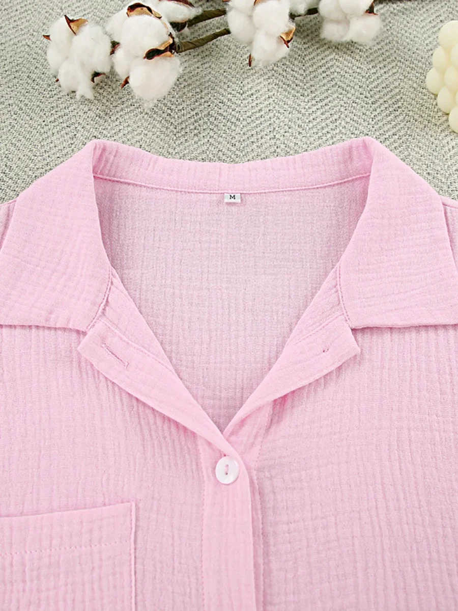 Bornladies Casual Crape Cotton Pink Two Pieces Sets Women Lace Lantern Sleeve Shirts And Baggy Shorts Sleepwear Spring Summer