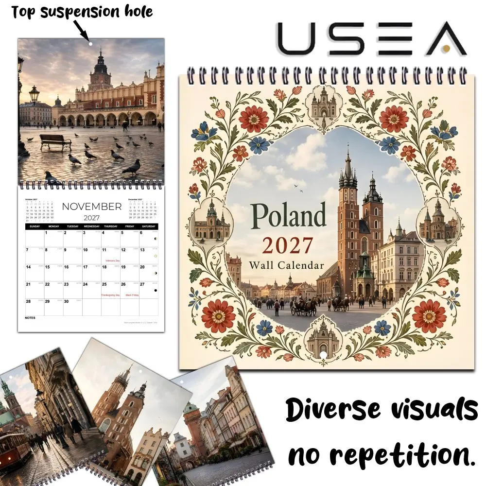 2027 Square Spiral Wall Calendar,US Federal Holidays & Moon Phases,Polish Folk Floral Boho Farmhouse Design,Ideal Christmas Gift