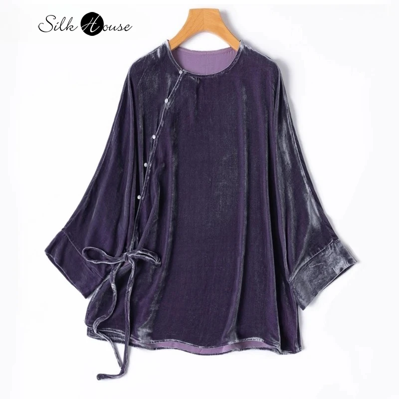 

2025 женская одежда, элегантная футболка из 30% натурального шелка шелковицы, бархатная косая передняя часть, круглый вырез, длинный рукав, ретро, виноград, фиолетовая
