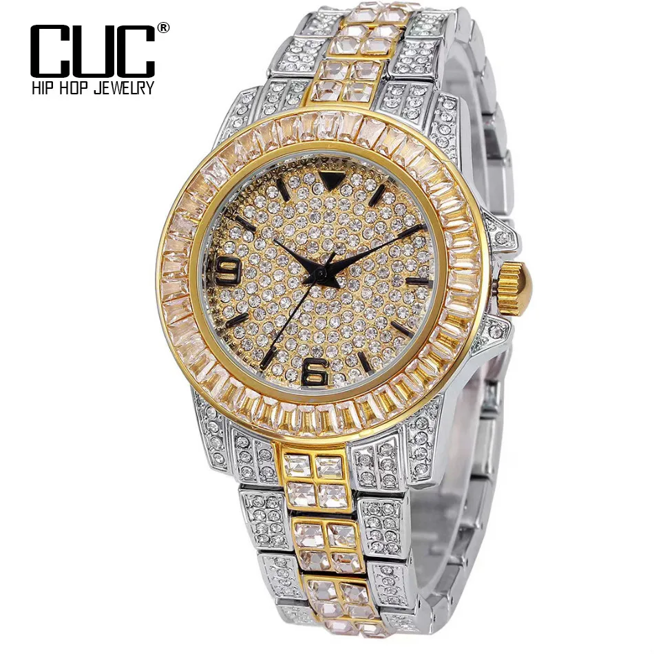 CUC Men\'s Gold Color Baguette Watch Iced Out Rhinestones Fashion Stainless Steel Mesh Belt Quartz Watches HipHop Jewelry