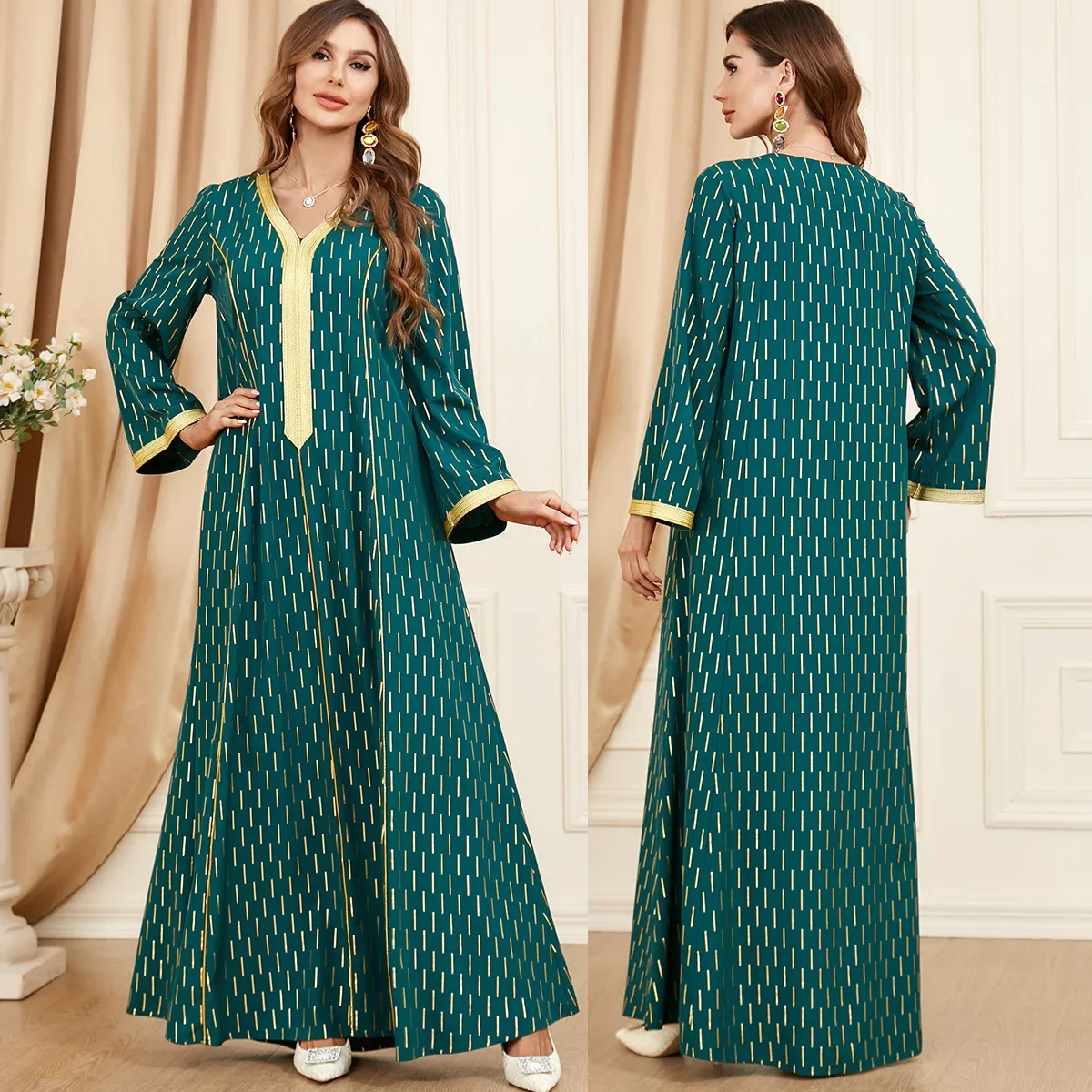 Women's Ramadan Eid Long Sleeve Dress Polka Dot Print Belted Abaya Robe Moroccan-Kaftan Muslim Dresses