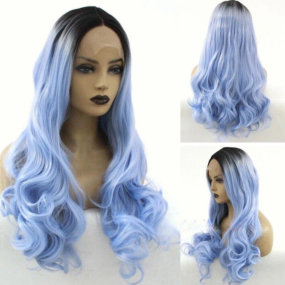 

Women Lace Front Synthetic Party Long Wavy Ombre Ash Blue Hair Fanshion