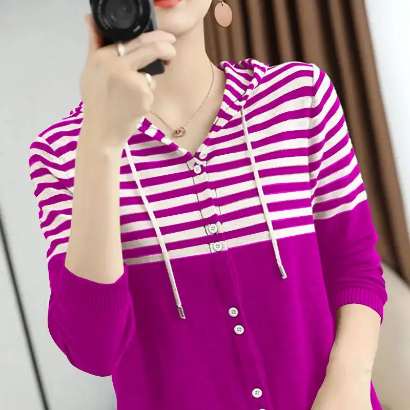 Fashion Hooded Button Spliced Striped Cardigan Sweater Women\'s Clothing 2022 Autumn New Oversized Casual Tops Loose Korean Coat