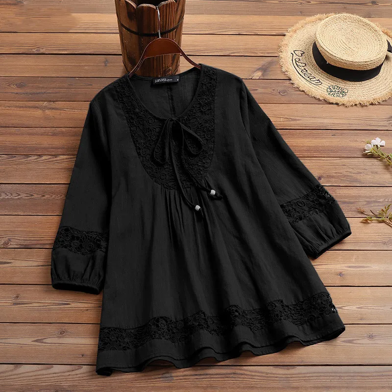 

Women's Temperament T-shirt Spring Autumn Cotton Hemp Splicing Hollow Lace Elegant Round Neck Loose 3/4 Sleeve T-shirt Shirt