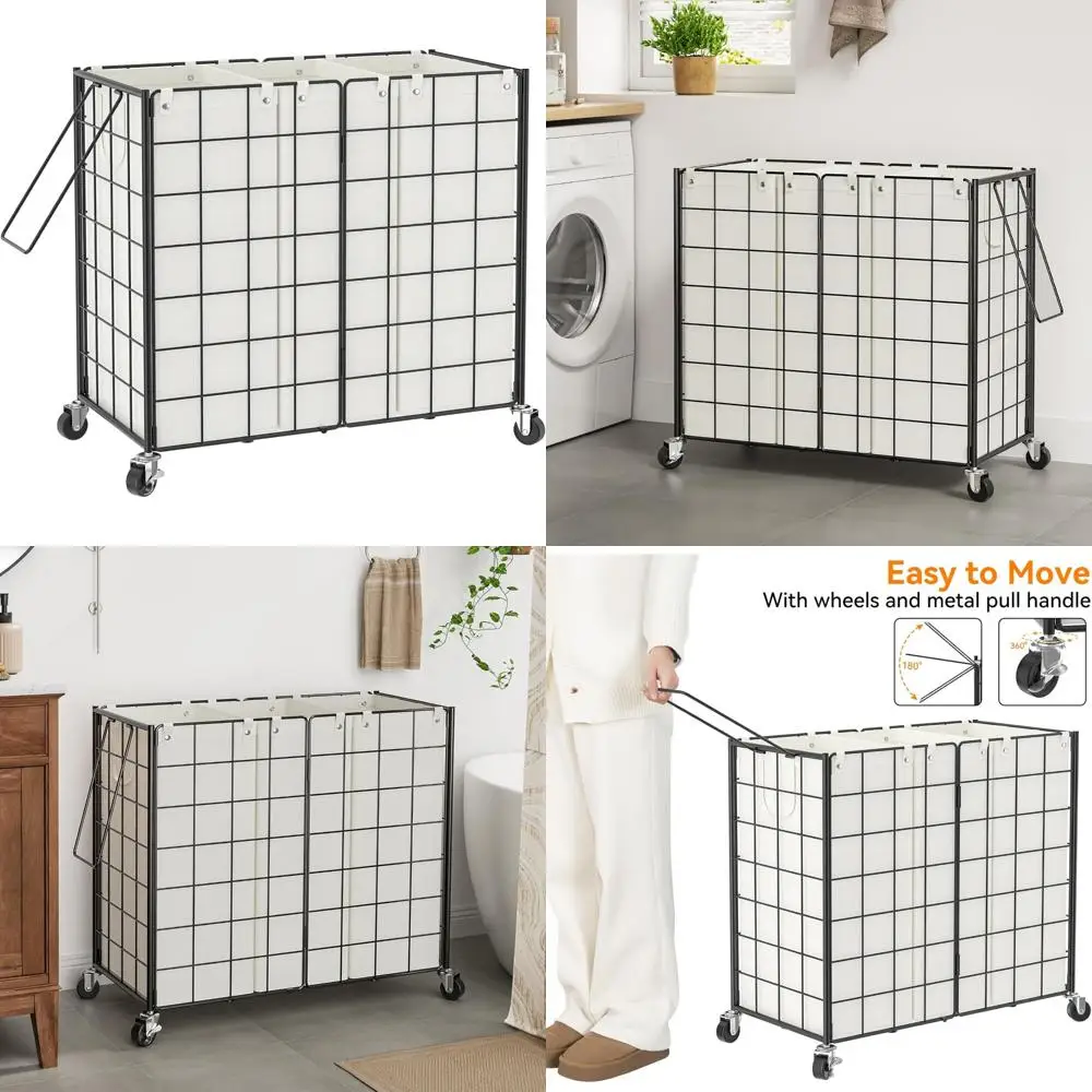 سلة غسيل سلكية معدنية متدحرجة مكونة من 3 أقسام مع أكياس قابلة للإزالة، سعة 150 لتر لتخزين الملابس القذرة