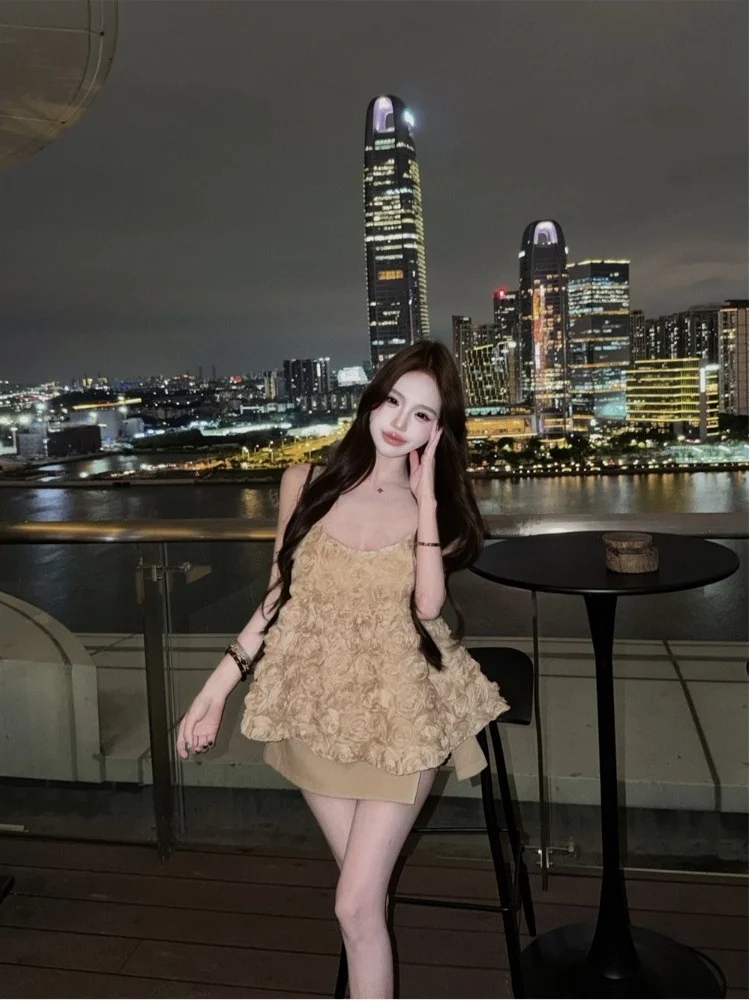 

Sweet Holiday Style 3D Floral Waist-Cinching Dress Top Bottom Set Women's Fashionable Two-Piece Summer Outfit