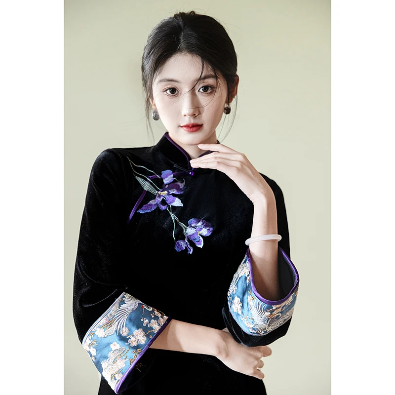 

Ele Bla Бархатная Вышивка Высококачественная Ретро Для Похудения Ежедневное Представление ow Китайский Sle Длинный Све Цветочный Па...