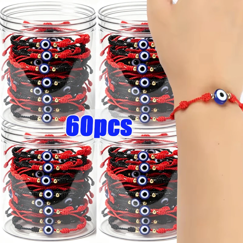 60pcs Couple Evil Eye Red Bracelet Women Men 7 Knot Lucky Handmade Braided String Adjustable Family Friendship Bracelet Jewelry