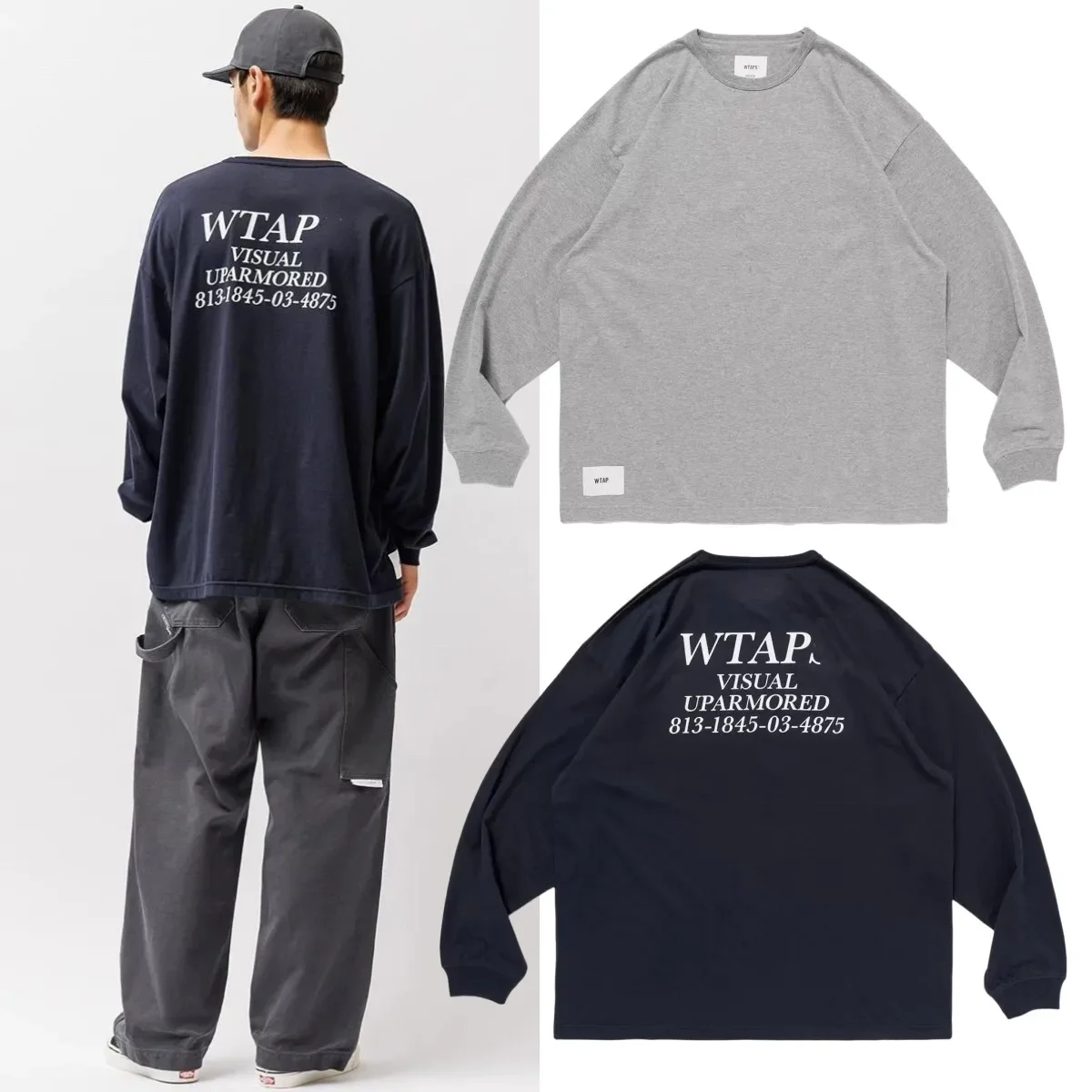 WTAPS Men’s Long Sleeve T-Shirt Japanese Style Letter Print Heavyweight Cotton Loose Fit Crew Neck Casual Top