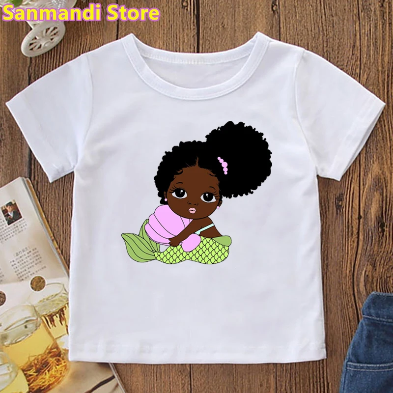 Lovely Melanin mermaid Tshirt For Black Girls Magic Kids Clothes Harajuku Kawaii Children Clothing Pink Yellow Solid T Shirt