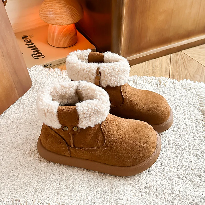 Winter Kids Snow Boots Girls Boys Plush Lined Warm Faux Fur Cuff Non-Slip Toddler Booties for Outdoor Cold Weather Snow Days