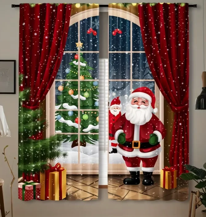 2pcs Polyester Rod Pocket Santa Claus curtain Snowflake Festive Christmas Curtain Set Semi-Transparent Drapes for Living Room