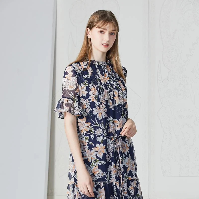 

Женская летняя юбка Hua Yun с синим цветочным принтом, рукавами-колокол, из 100% полиэстера и шифона