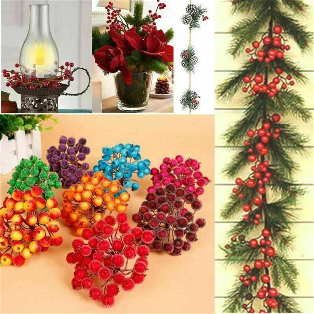 40 Head Artificial Frosted Holly Berry Flowers Fruit Christmas Hanging Ornaments Decoration for Home Wedding Party