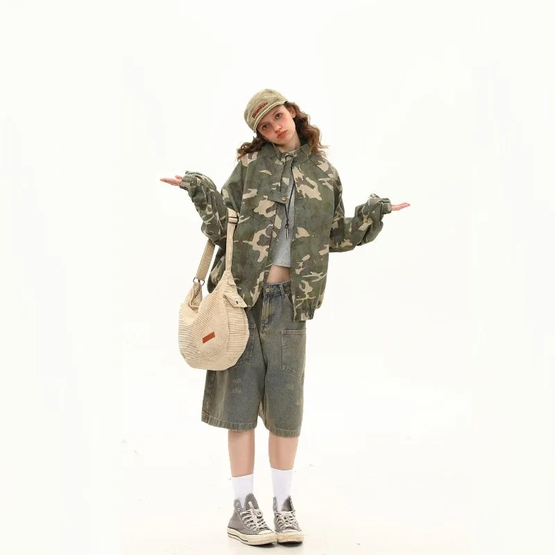 2025 otoño nueva chaqueta de camuflaje con cuello levantado Unisex suelta estilo de pareja ropa de calle informal prendas de vestir exteriores de moda para hombres y mujeres