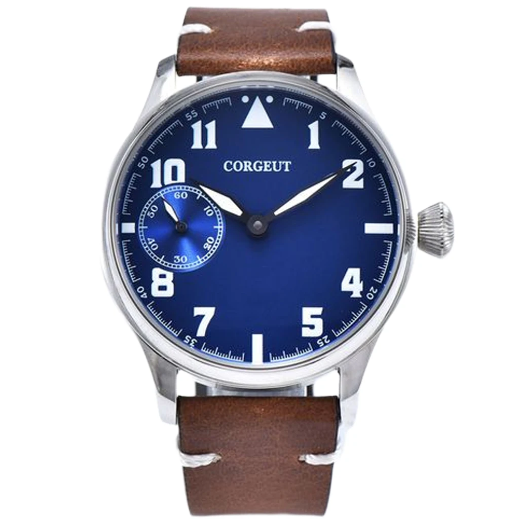 

44mm CORGEUT silver case blue dial leather strap 17 Jewels mechanical 6497 hand winding movement luminous mens watch