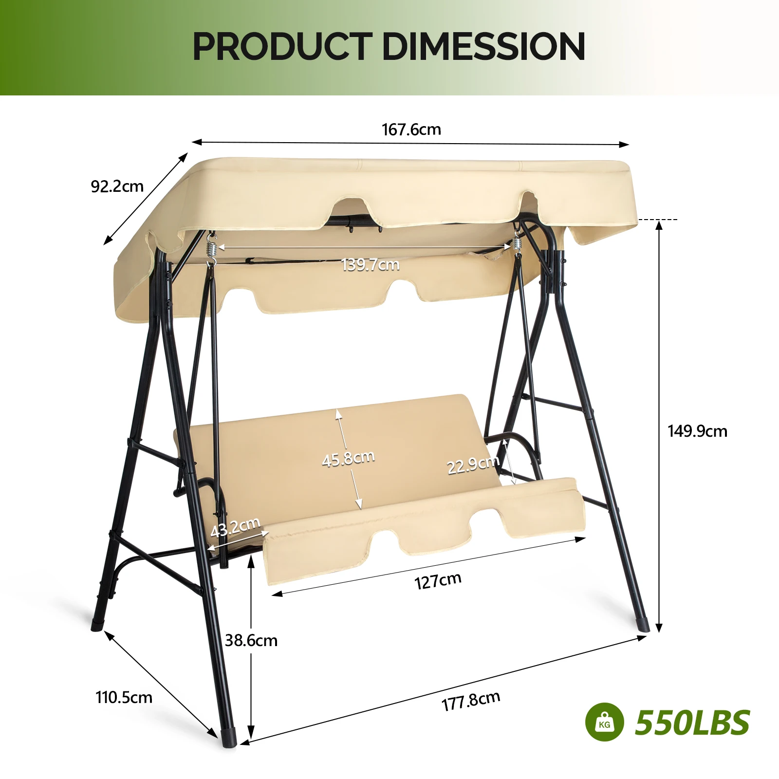 68*43*60 inch Khaki KD Model with Cushion Canopy Iron Oxford Fabric 250kg Iron Swing Set
