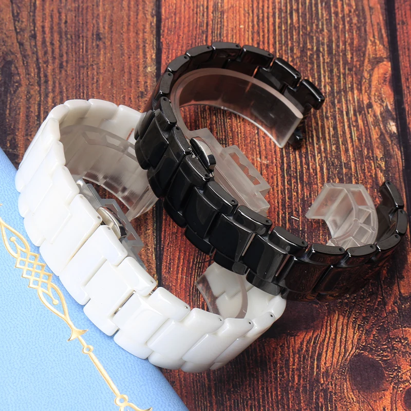 سوار ساعة سيراميك لمايكل كورز جي سي باشا ، سوار مشبك مشبك فراشة ، أسود وأبيض ، 20 × 12 ، 18 × 11 ، 16x10mm