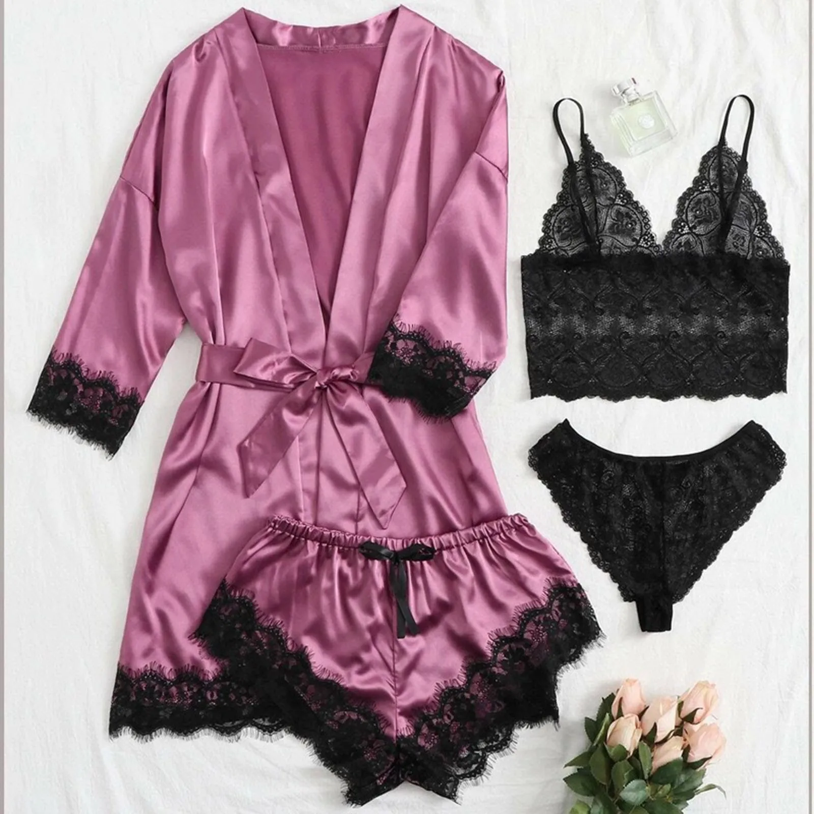 Black Sexy Women\'s Pajamas Satin 4-piece Lace Silk Suspender Tops Shorts Robe Pajamas Set Nightgown Underwear Nightdress Suit