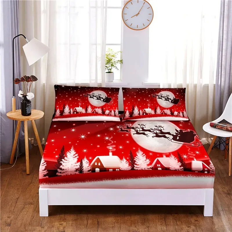 Christmas Sleigh Digital Printed Polyester Fitted Sheet Mattress Cover Four Corners with Elastic Band Bed Sheet Pillowcases kid