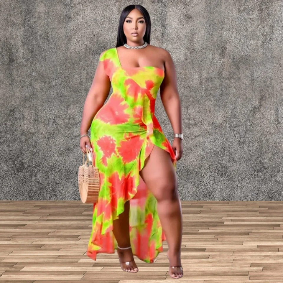 

L-4XL Summer 2024 Plus Size Women Clothing African Sexy Printing Irregular Ruffle Sleeveless Slit Dress Wholesale Dropshipping