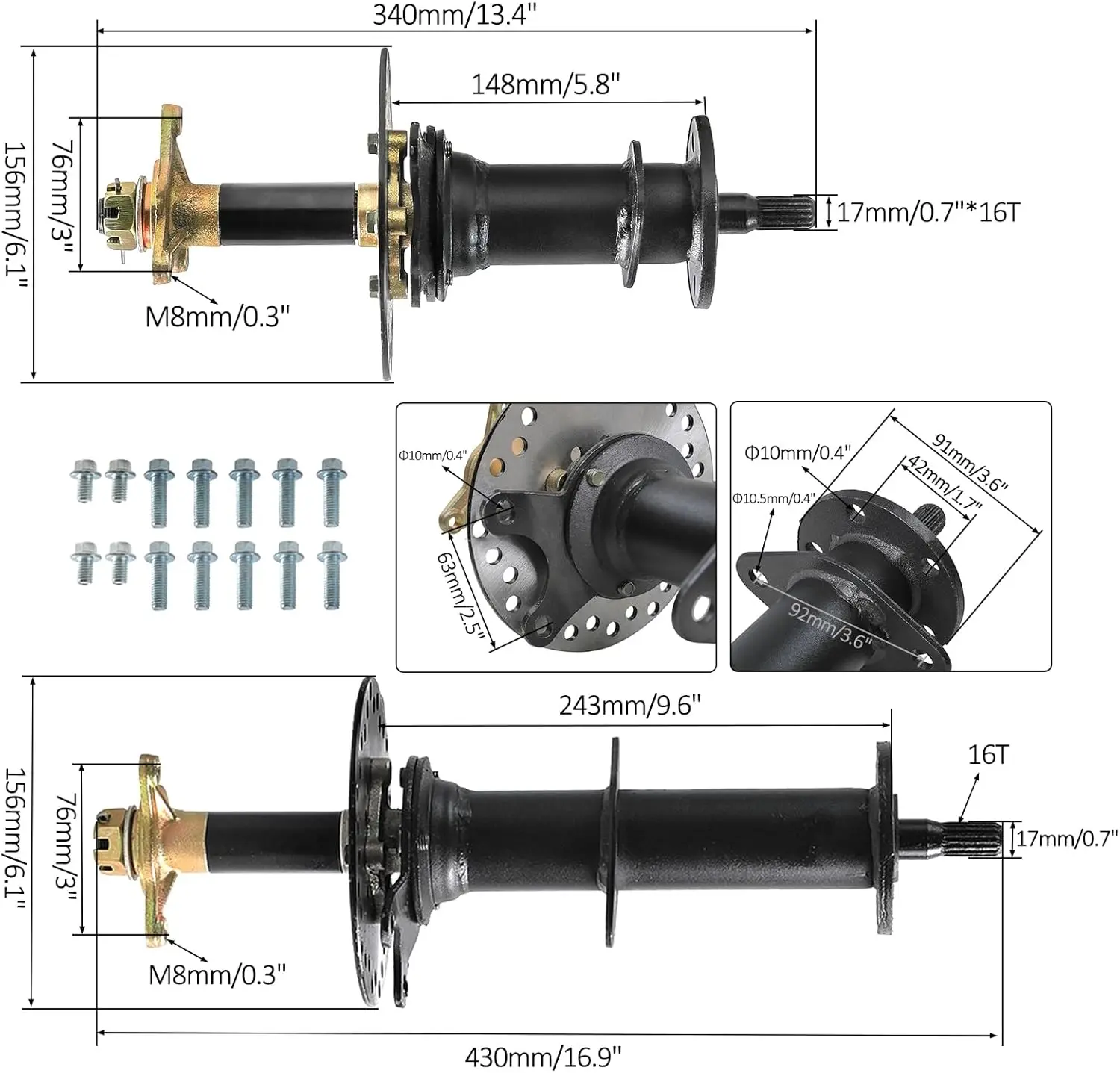 30'' 760mm Rear Axle Kit 72V 1500W Brushless Motor Differential Gearbox Transmission & 36V-84V Speed Controller ATV Quad Buggy