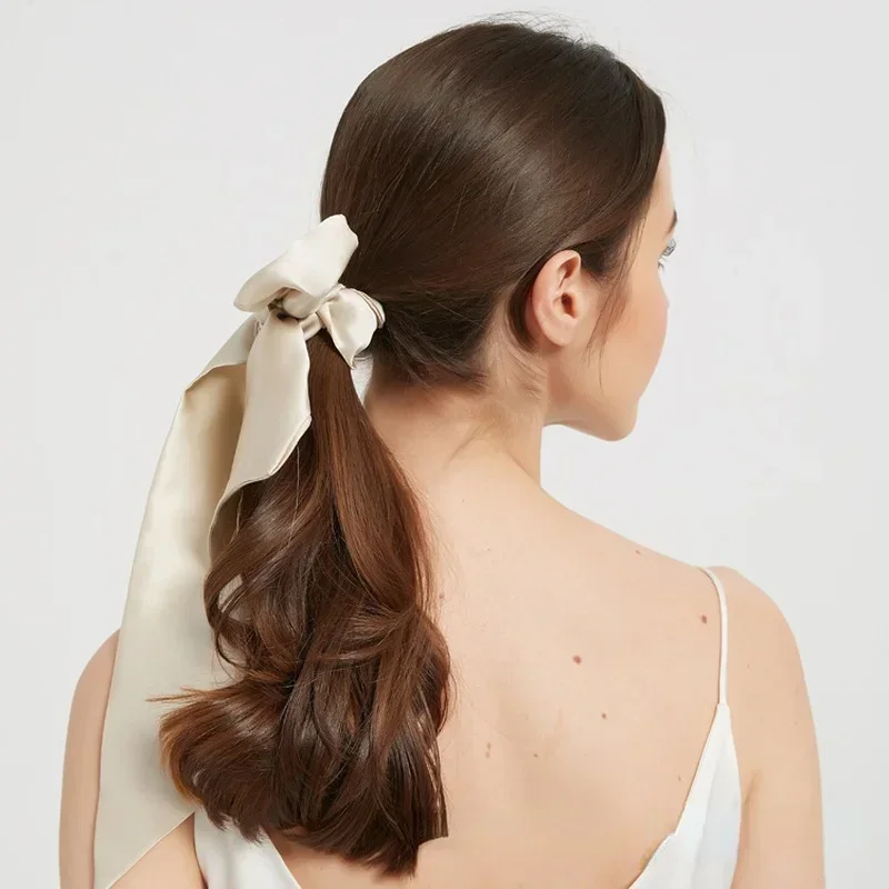 Korean Mulberry Silk Scrunchies Bows Long Ribbon Hairbands Head Bands Pure Silk Elastic Bow Hair Ties Black Champagne Hair Bands