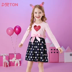 DXTON Spring Girls Dresses Heart Sequins Cotton Kids Dress School Casual Children Clothing Vacation Party Toddler Princess Dress