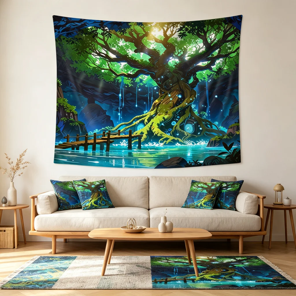 1PC Fantasy Tree Cave View Art Print Backdrop Banner, Bedroom Living Room Photo Background, Polyester, Home Decor, Wall Art