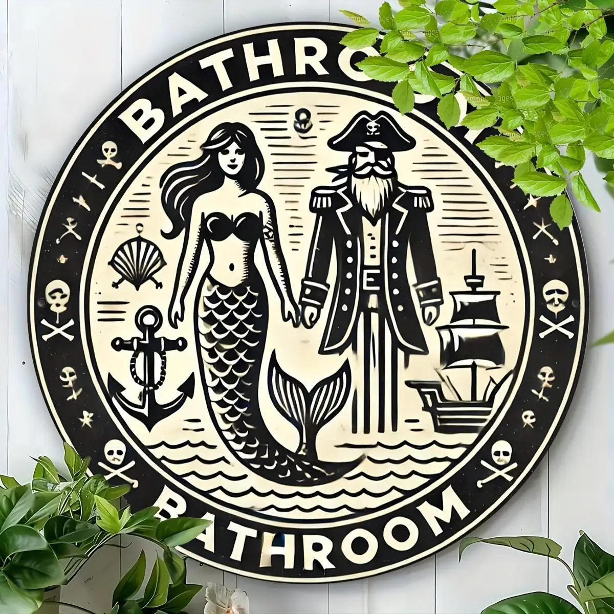 2D Flat, 1pc 2D Flat Print 20x20cm Metal iron Sign [Nautical Wall Art] 1pc Nautical Wall Art | Mermaid & Pirate Round Bathroom D