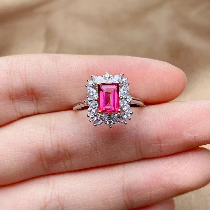 Dazzling Silver Gemstone Ring for Party 5mm*7mm Emerald Cut Topaz Ring 925 Silver Topaz Jewelry