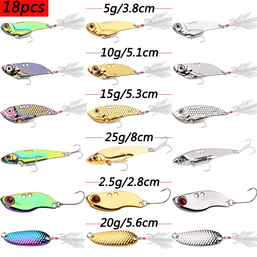 18Pcs Metal VIB Sequin Fishing Lures All Water Layer Long Throw Colorful Vibration Artificial Bass Pesca Bait for Tremor Baits