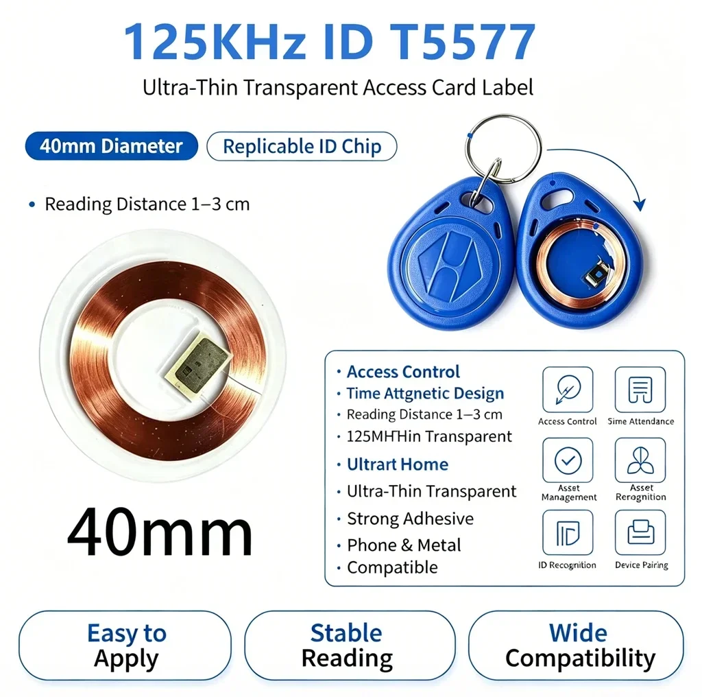 NEW Hot！5Pcs 125KHz ID T5577 Writable Rewritable Copper Coil Coin Card Keyfob RFID Ultra-thin Cell Phone Access Card