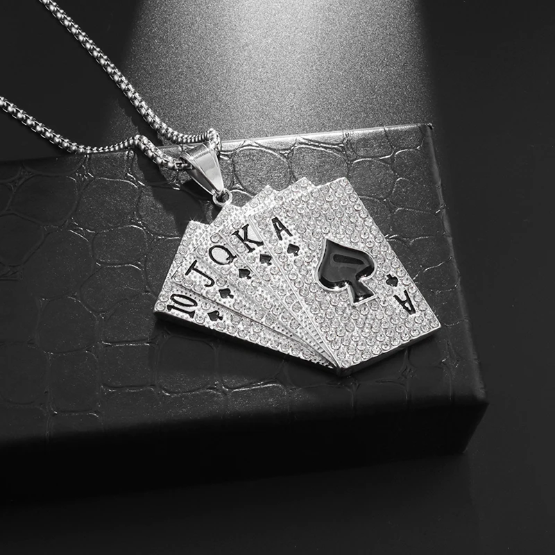 Fashion Trend Personality Hip Hop Punk Style Gold Plated Poker Playing Cards Creative Unique Design Men Pendant Square Necklace