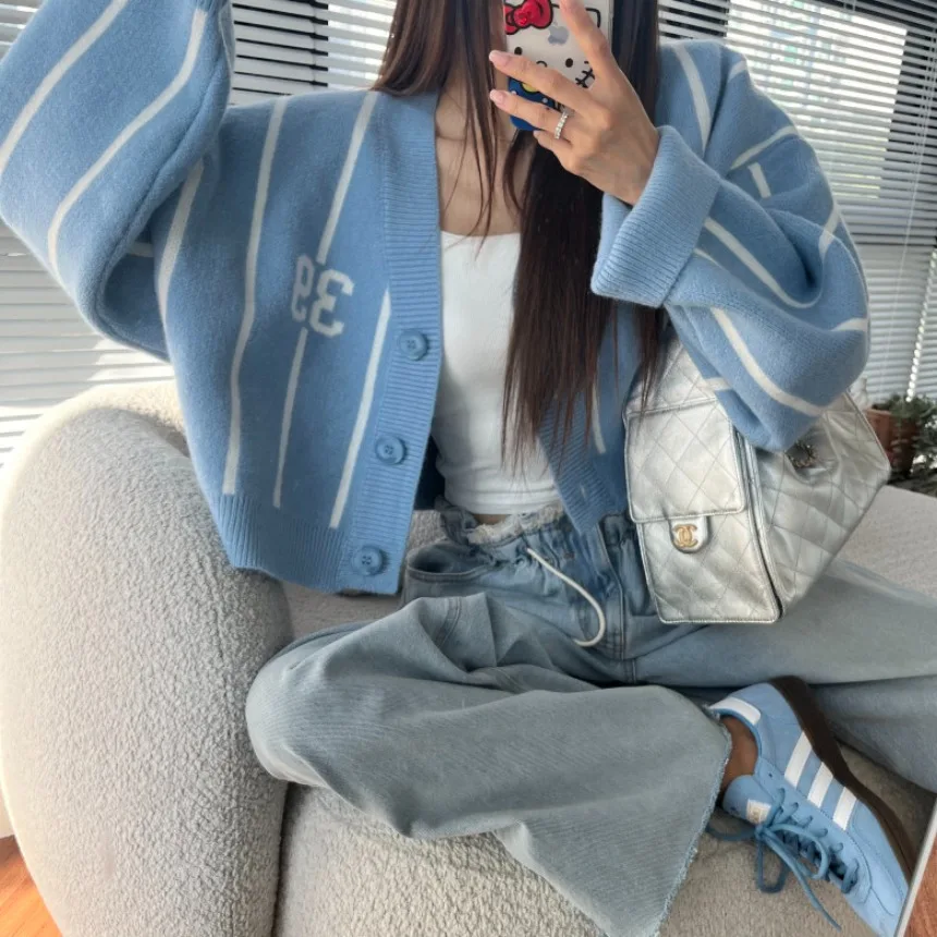 

Retro Lazy American Vertical Stripes V-ne Loose Open Cardigan Sweater Women's Loose Fit Sle Casual Outerwear Coat