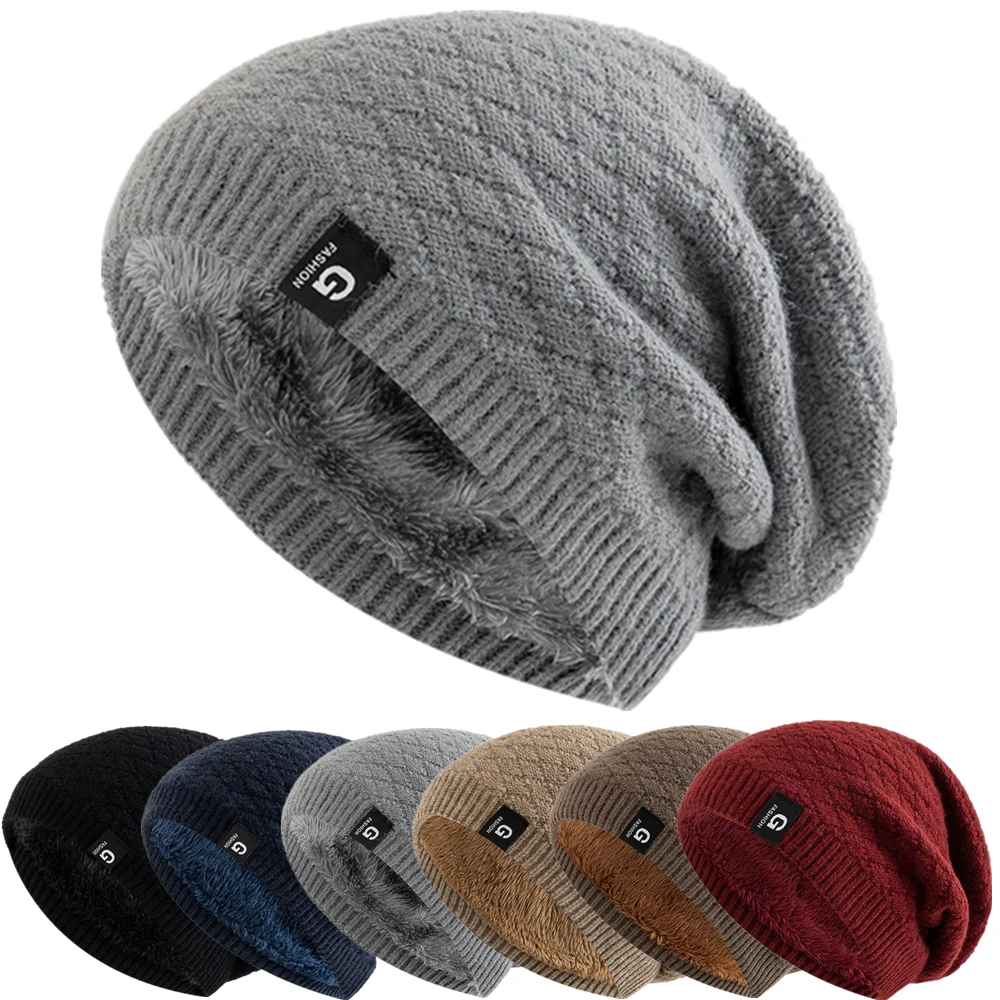 

New Unisex Slouchy Winter Hats Add Fur Lined Men And Women Warm Beanie Cap Casual Label Decor Winter Knitted Hats
