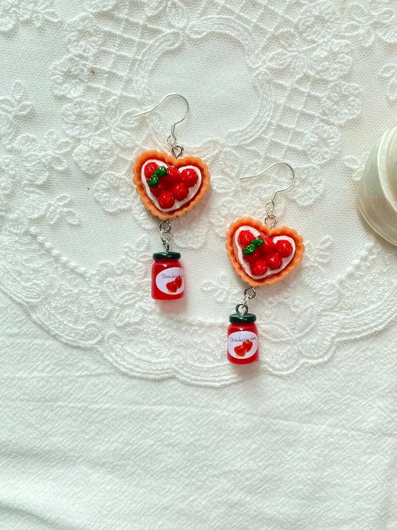 Strawberry earrings dangle, jam,Novelty jam Earrings,Quirky,kawaii,cute earrings,resin strawberry,Threaders