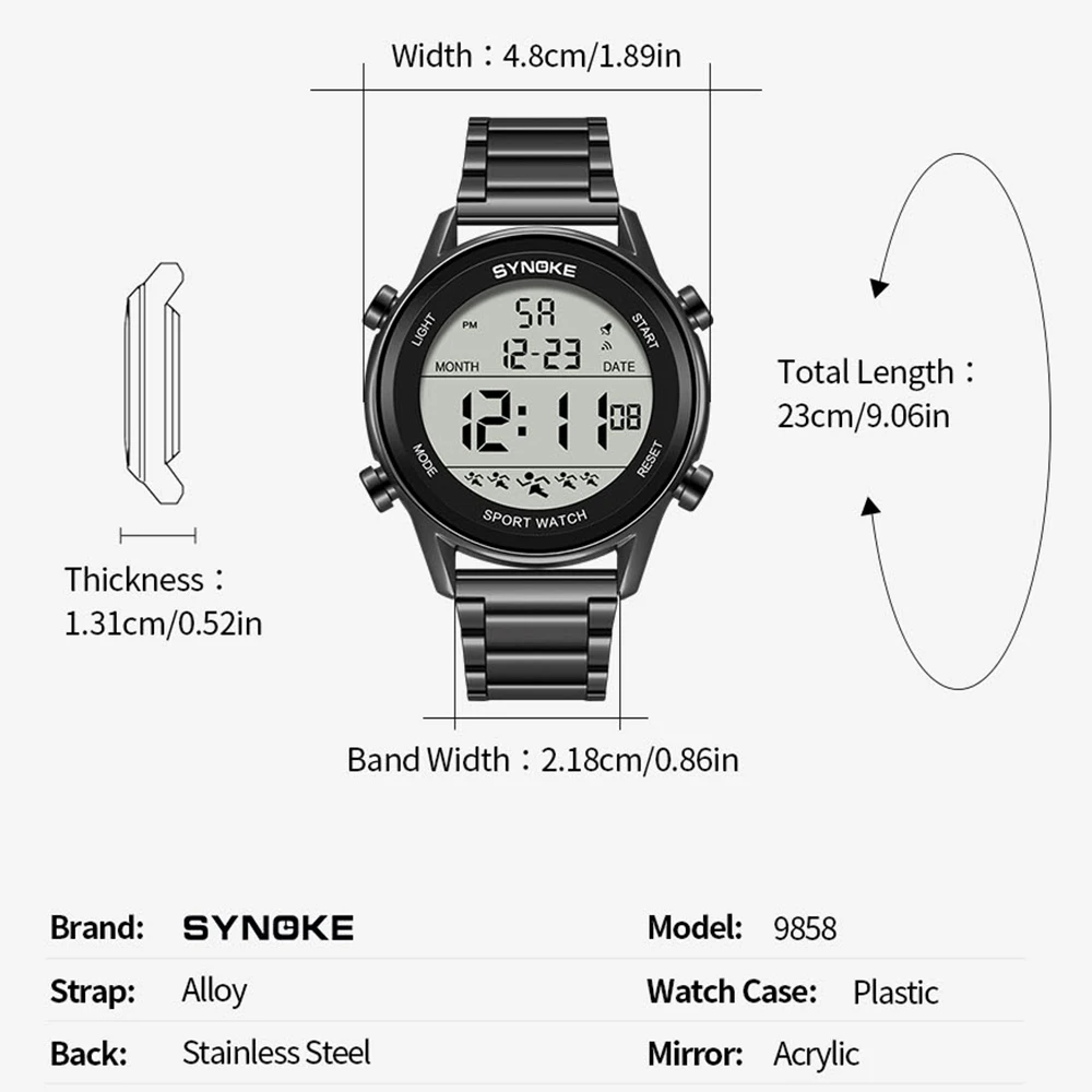 SYNOKE Stainless Steel Strap Digital Men\'s Watches Chrono Clock Waterproof Male Wristwatch Electronic Watches Relogio Masculino