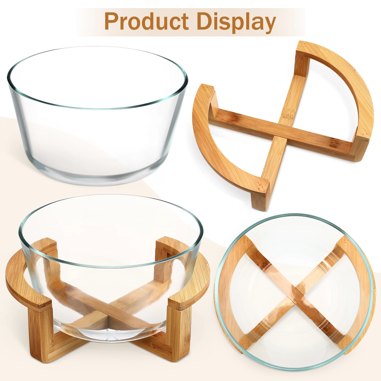 

1 Set Heat Resistant Glass Bowl With Wooden Base Microwave Safe Food Container Versatile Mixing Serving Dessert Bowl For Salad