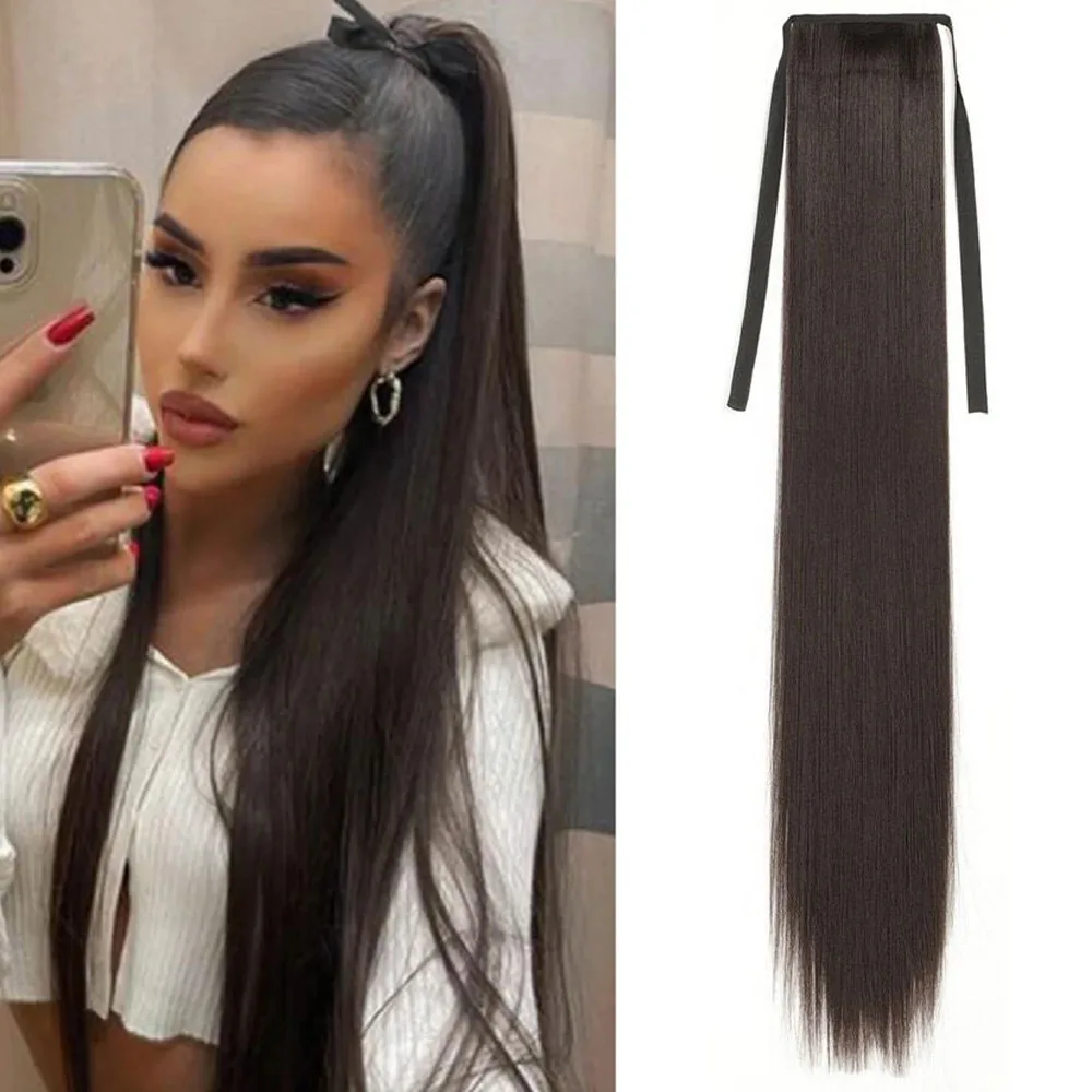 

85cm Synthetic Long Straight Wrap Around Clip In Ponytail Hair Extension Heat Reistan Pony Tail Fake Hair For Women Daily Party