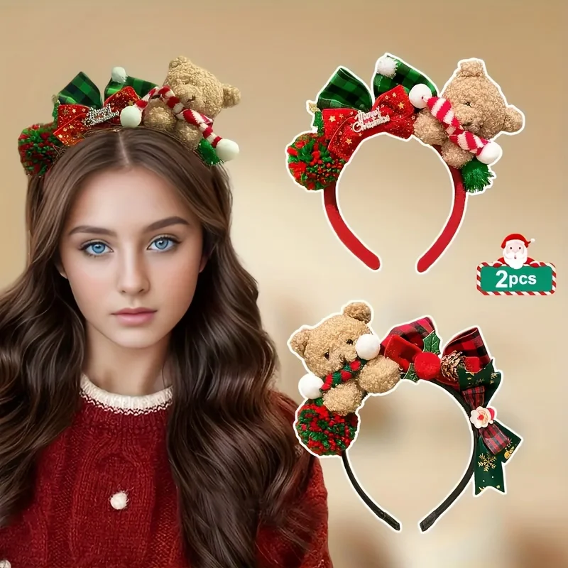 

1pc Women'S Christmas Bear Bow Headband, New Green/Red Bear Hair Accessory with Cute Butterfly Decoration for Festive Occasions