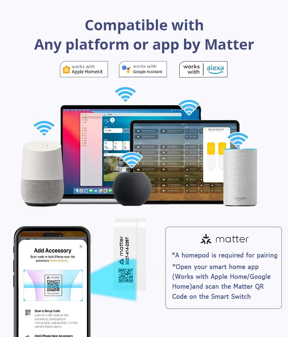 WiFi Smart Switch Compatible with Matter eWeLink APP Homekit Smartthings 16A Mini Relay Module Voice Control Works with Alexa