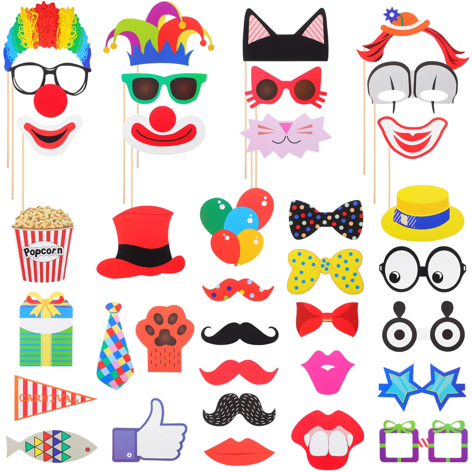 

36Pcs Circus Photo Booth Props Mustache Glasses Cat Clown Bowler Bowties Reusable Party Decor Circus Photo Props