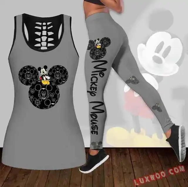 

Mickey Mouse Women's Hollow Tanktop Leggings Yoga Set Summer Fitness Leggings Tracksuit Disney Cutout Tank Top Leggings Set#2