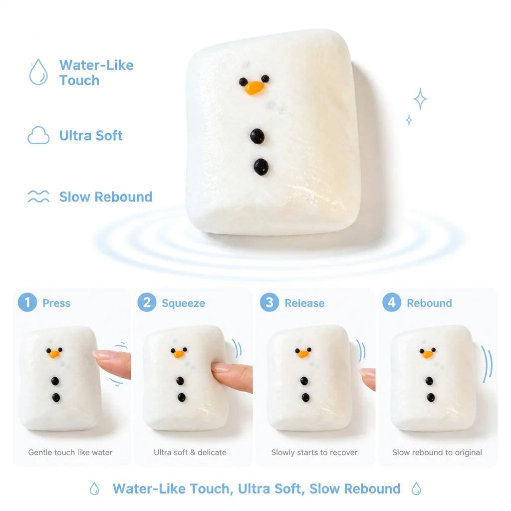 Food Grade Snowman Square Squishy Toy Cute Winter Theme Hand Squeeze Toy Slow Rebound Stress Relief Fidget Toy Soft Sensory Play
