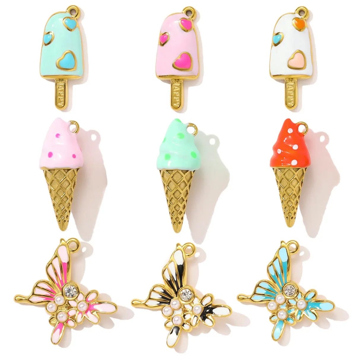 Collier de crème glacée en acier inoxydable, mignon, émail Dopamine, pendentif papillon, breloque de boucle d'oreille, bijoux quotidiens d'été pour femmes, 3 pièces/lot